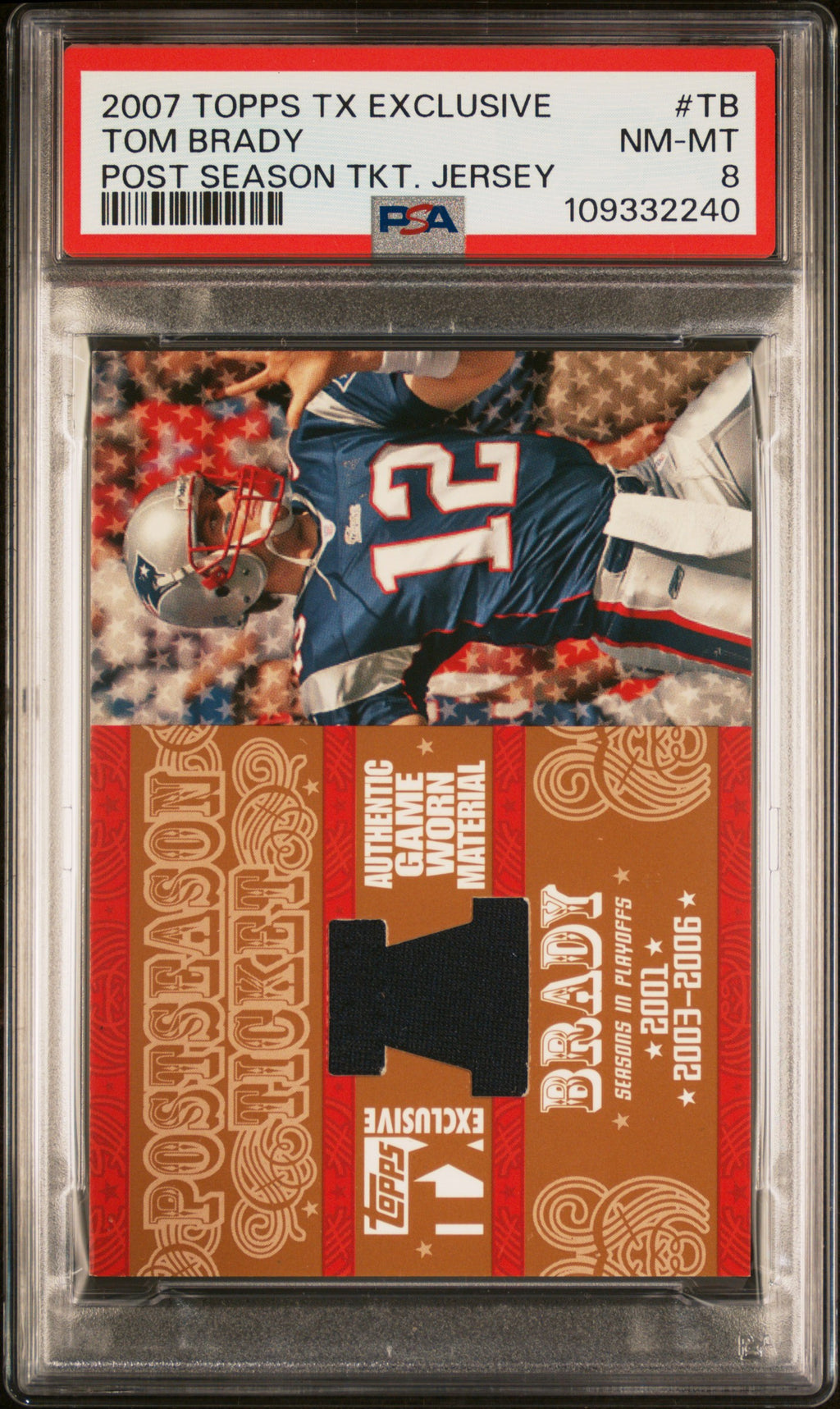 2007 TOPPS TX EXCLUSIVE POST SEASON TICKET JERSEY #TB TOM BRADY POST SEASON TKT. JERSEY