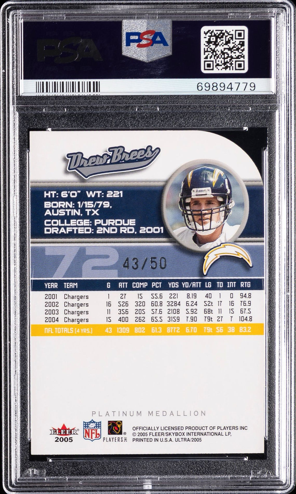 2005 ULTRA #72 DREW BREES PLATINUM MEDALLION /50