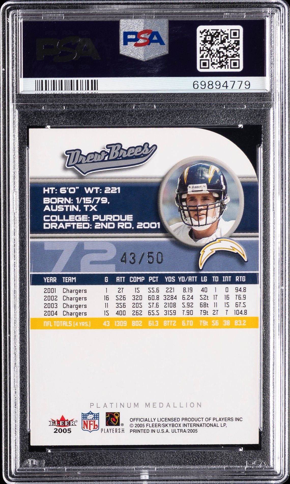 2005 ULTRA #72 DREW BREES PLATINUM MEDALLION /50