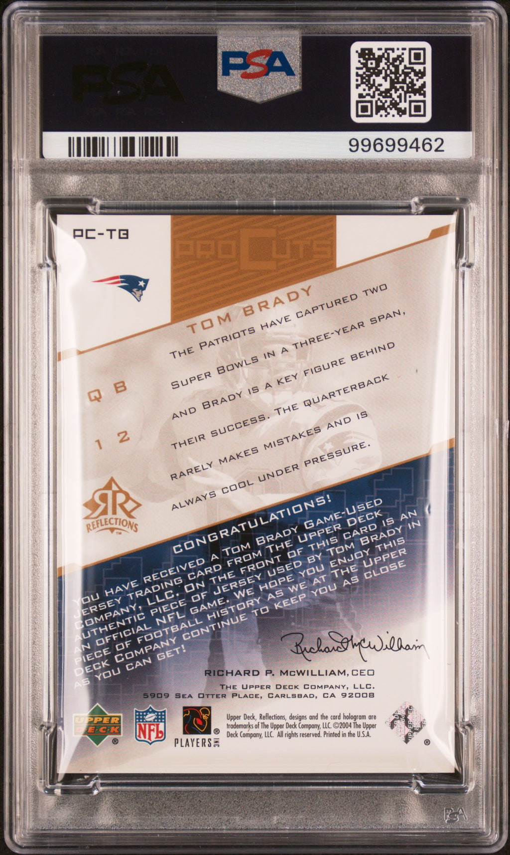 2004 UPPER DECK REFLECTIONS PRO CUTS #PC-TB TOM BRADY PRO CUTS-GOLD