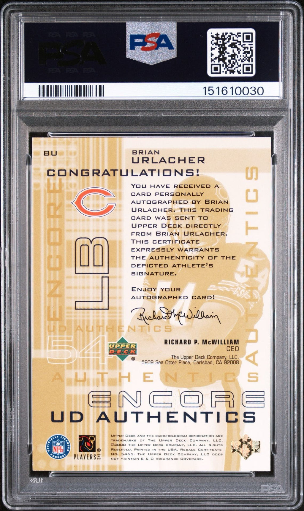 2000 UPPER DECK ENCORE UD AUTHENTICS #BU BRIAN URLACHER UD AUTHENTICS
