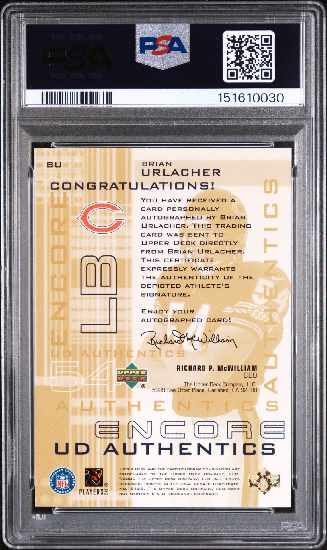 2000 UPPER DECK ENCORE UD AUTHENTICS #BU BRIAN URLACHER UD AUTHENTICS